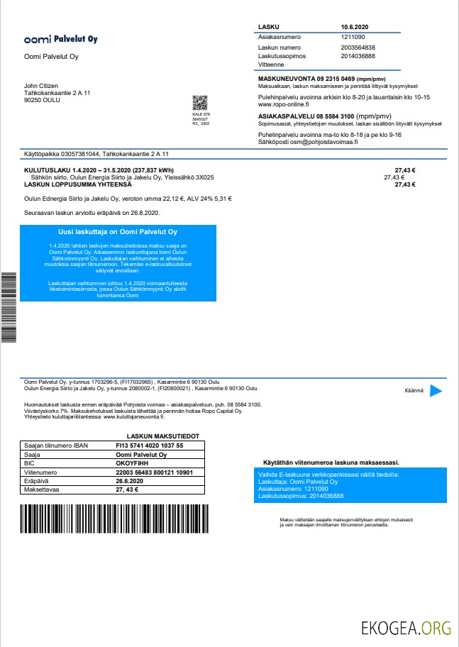 Finland Oomi Palvelut Oy electricity utility bill template in Word and PDF format